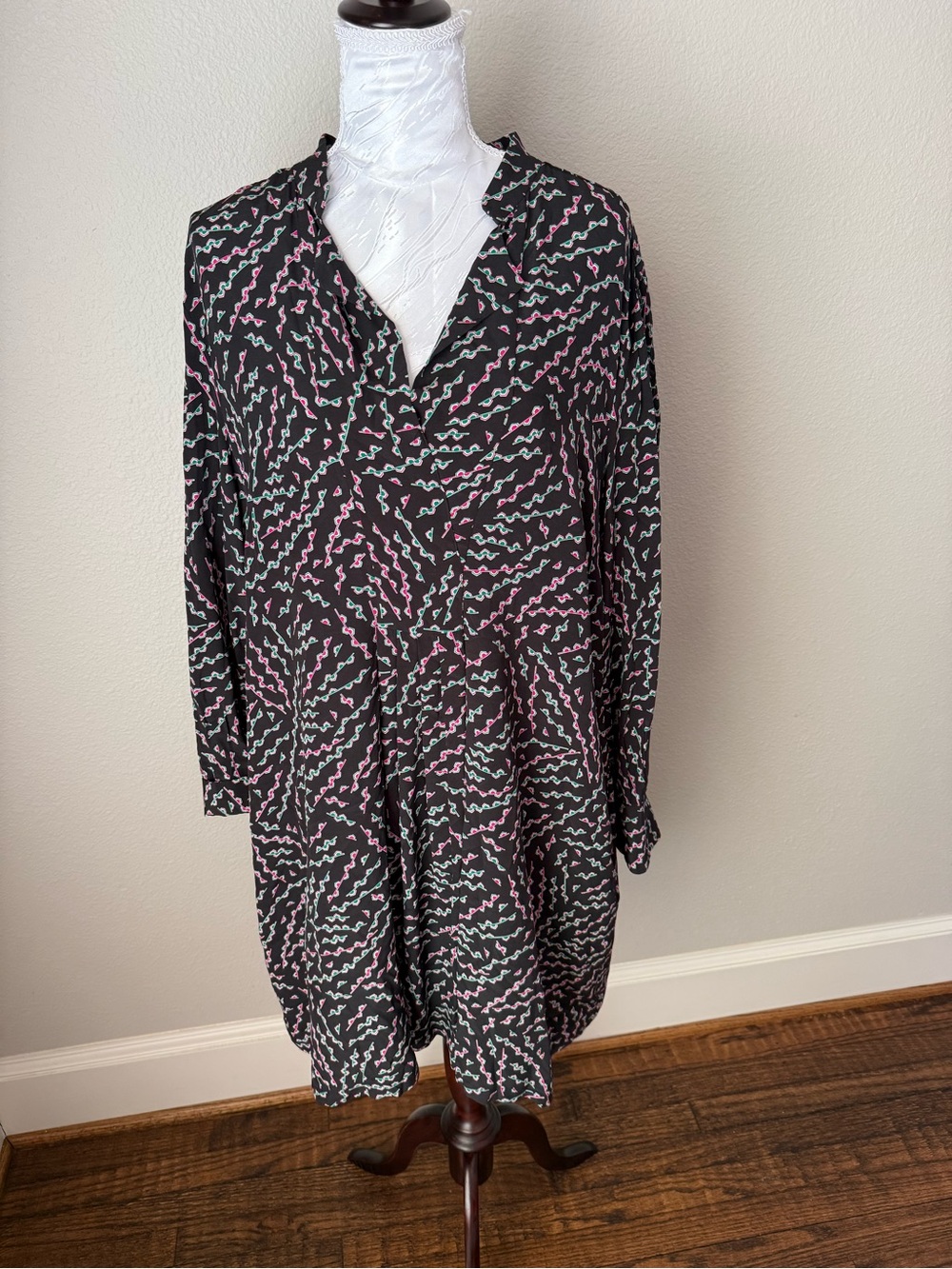 Rachel Comey Black Long-Sleeve Printed Tunic Dress - Pink & Mint Waves